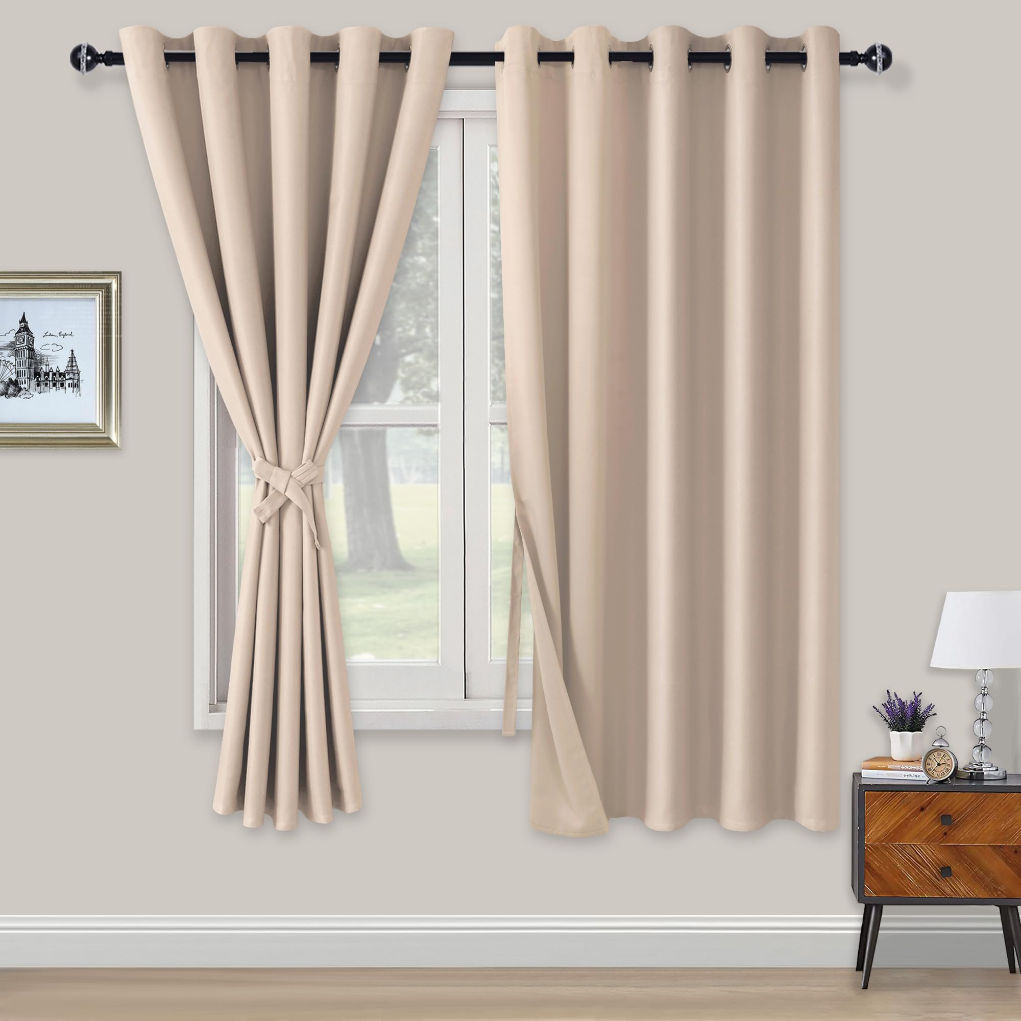 XWZO Blackout Curtains Shades Window Curtain Panels with Tiebacks- Noise Reduction and Thermal Insulated Eyelet Curtains for Bedroom,Living Room,Office,Study Room Beige W66xL72