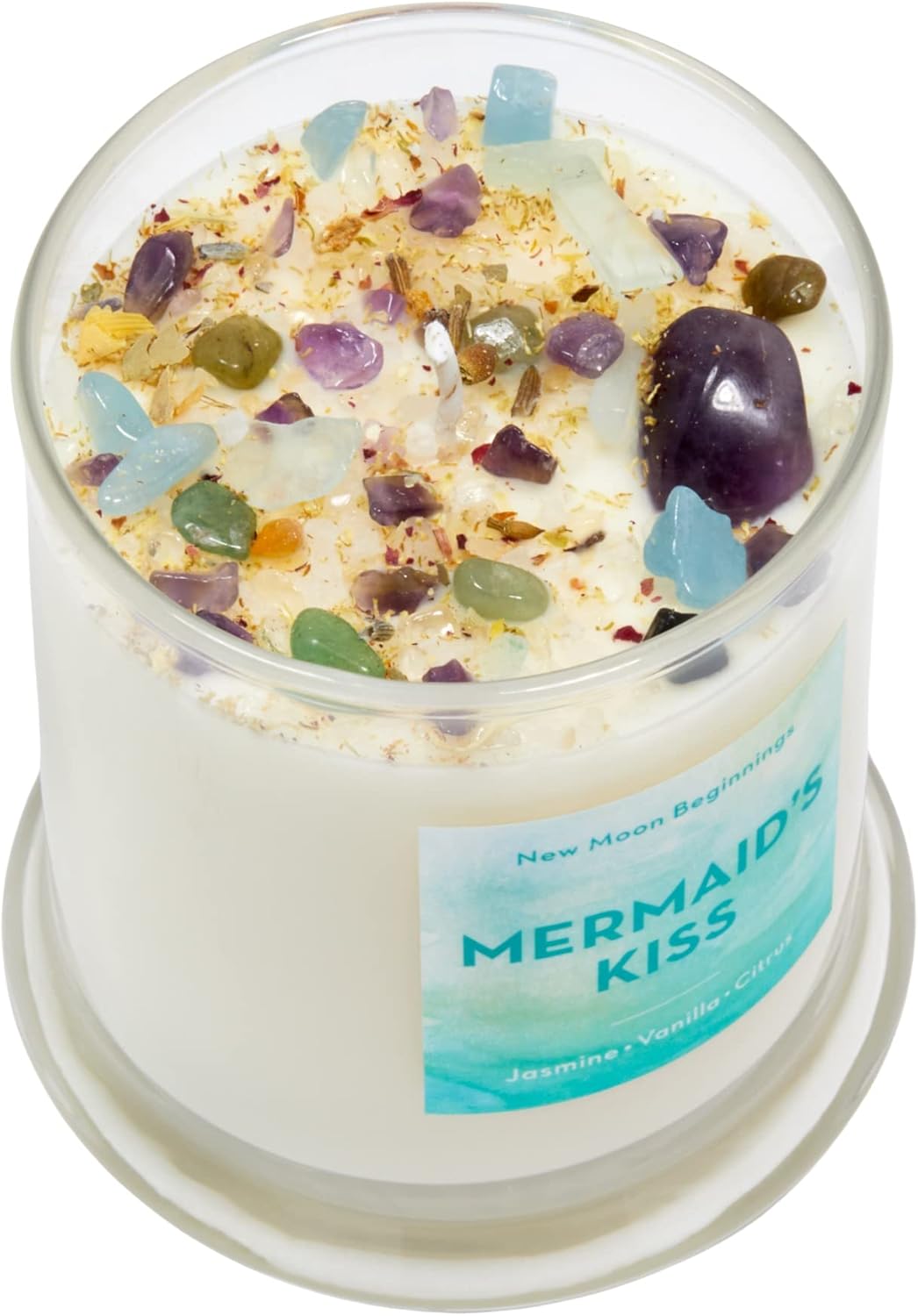 Mermaid's Kiss Candle by New Moon Beginnings - Ocean Candle - Mermaid Candle - Dried Flower, Herb, & Crystal Candles - All Natural Soy Candle - Sweet & Citrus - 12oz Glass Jar