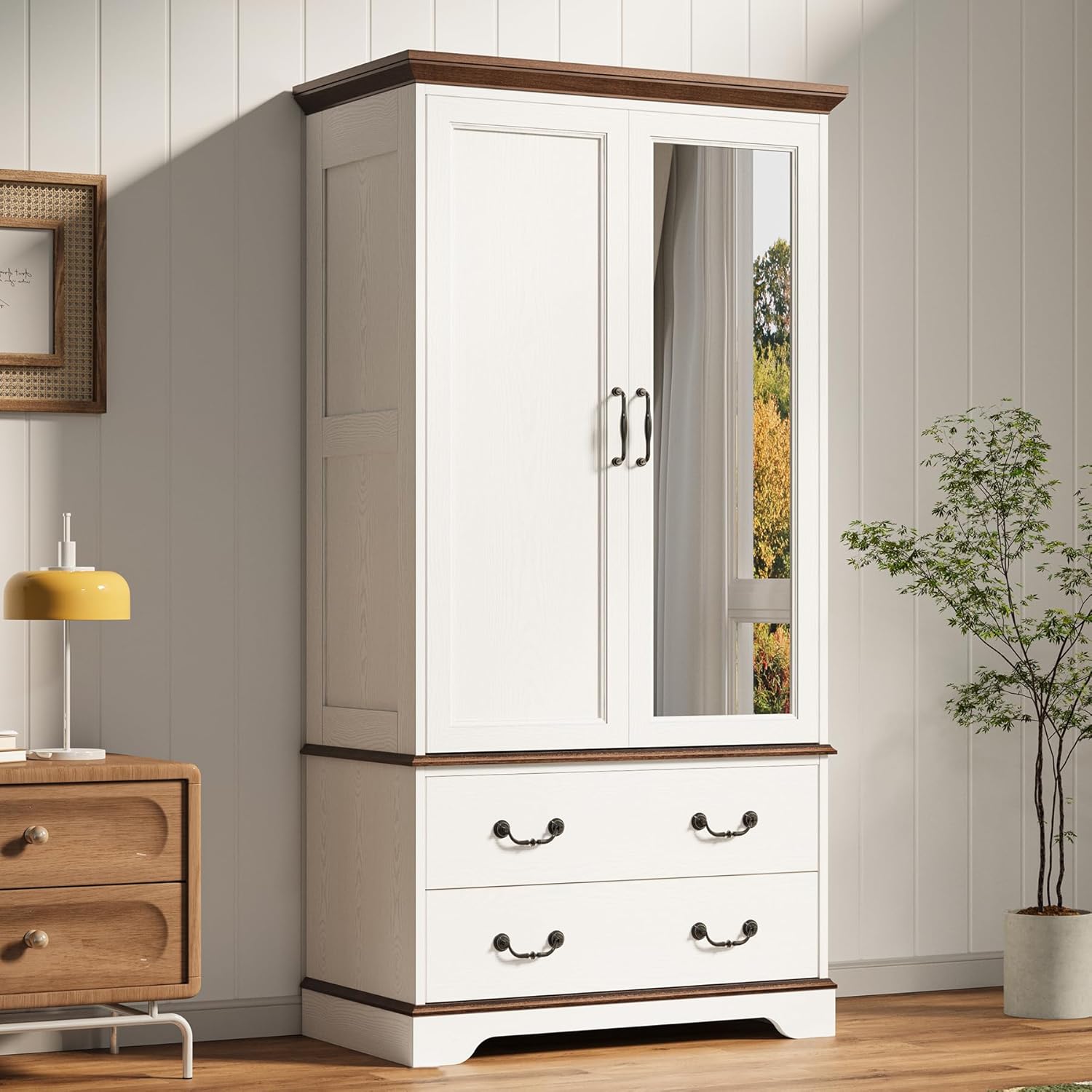 LIKIMIO 70.1" Armoire Wardrobe with Full Mirror, 2 Doors 2 Drawers Wooden Bedroom Closet, Modern Freestanding Storage Cherry White