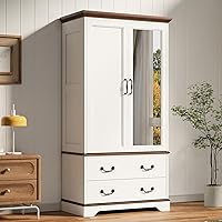 LIKIMIO 70.1" Armoire Wardrobe with Full Mirror, 2 Doors 2 Drawers Wooden Bedroom Closet, Modern Freestanding Storage Cherry White