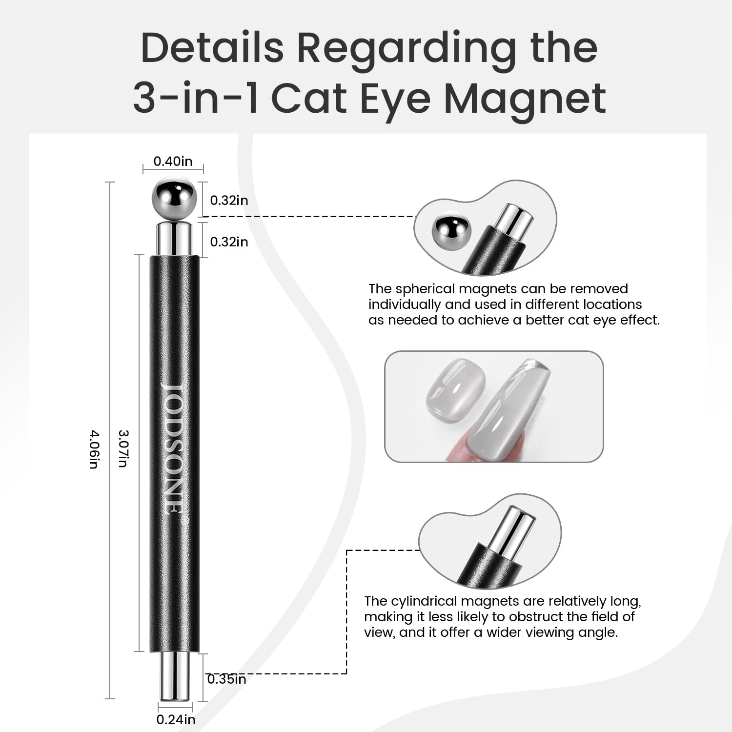 JODSONE 3-in-1 Cat Eye Magnet Nail Art Tool,Black Cylindrical & Round Ball Nail Magnet Pens, Multi-Effect Magnets for Cat Eye Gel Polish DIY at Home Salon image 5