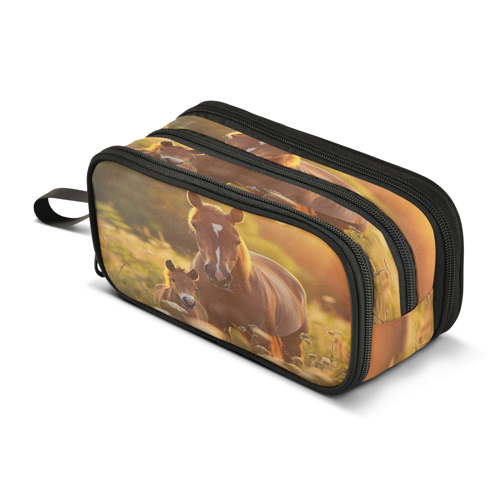Mnsruu Beautiful Brown Horse Large Capacity Pencil Case 3 Compartment Pouch Holder School Supplies Boys Girls
