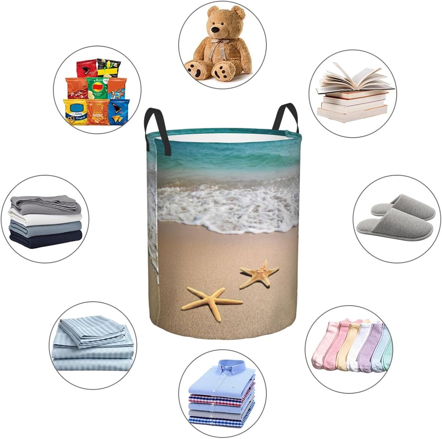 Laundry Basket Beach Starfish Room Decor,Round Laundry Hamper Waterproof Dirty Clothes Hamper Collapsible Laundry Baskets With Handles,Toy/Clothes Storage Beach Towel Basket For Dorm Bathroom Decor