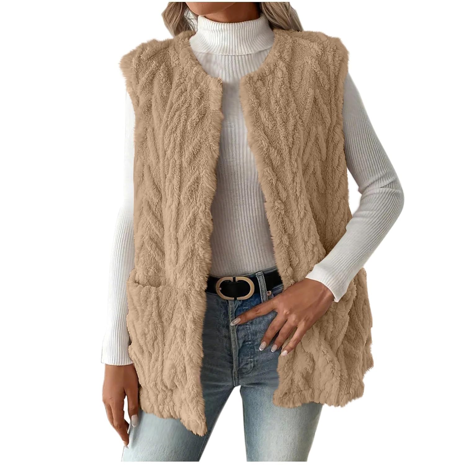 Vest For Women Fleece Sleeveless Open Front Jackets Casual Crew Neck Cable Knit Vest Open Front Winter Outfits
