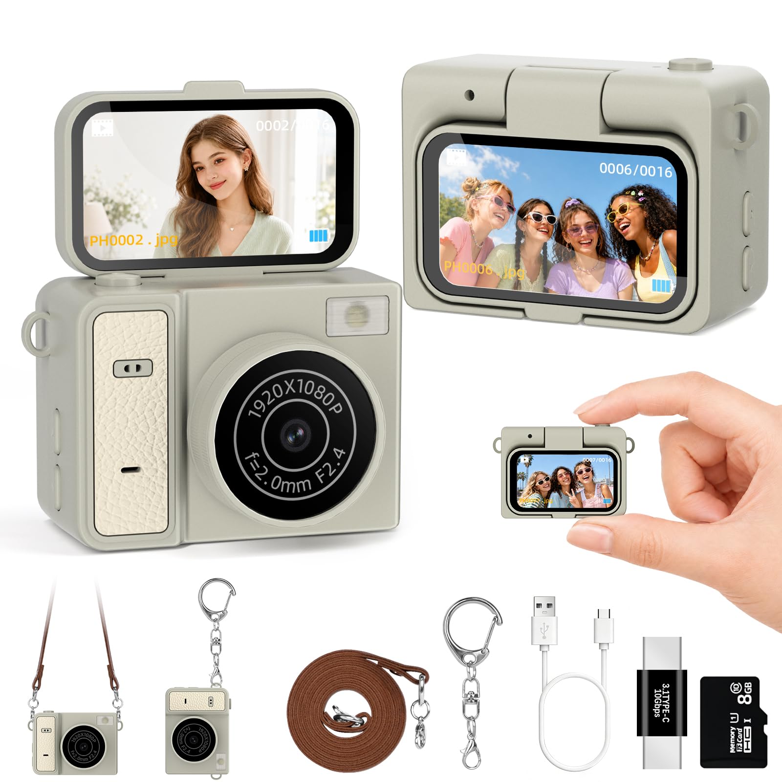 Mini Keychain Digital Camera, Brown Mini Camera with Flip Screen, 1MP 1080P Small Camera, 8GB Card, Video Recorder, Long Battery Life for Travel, Party and Vlog-image-44
