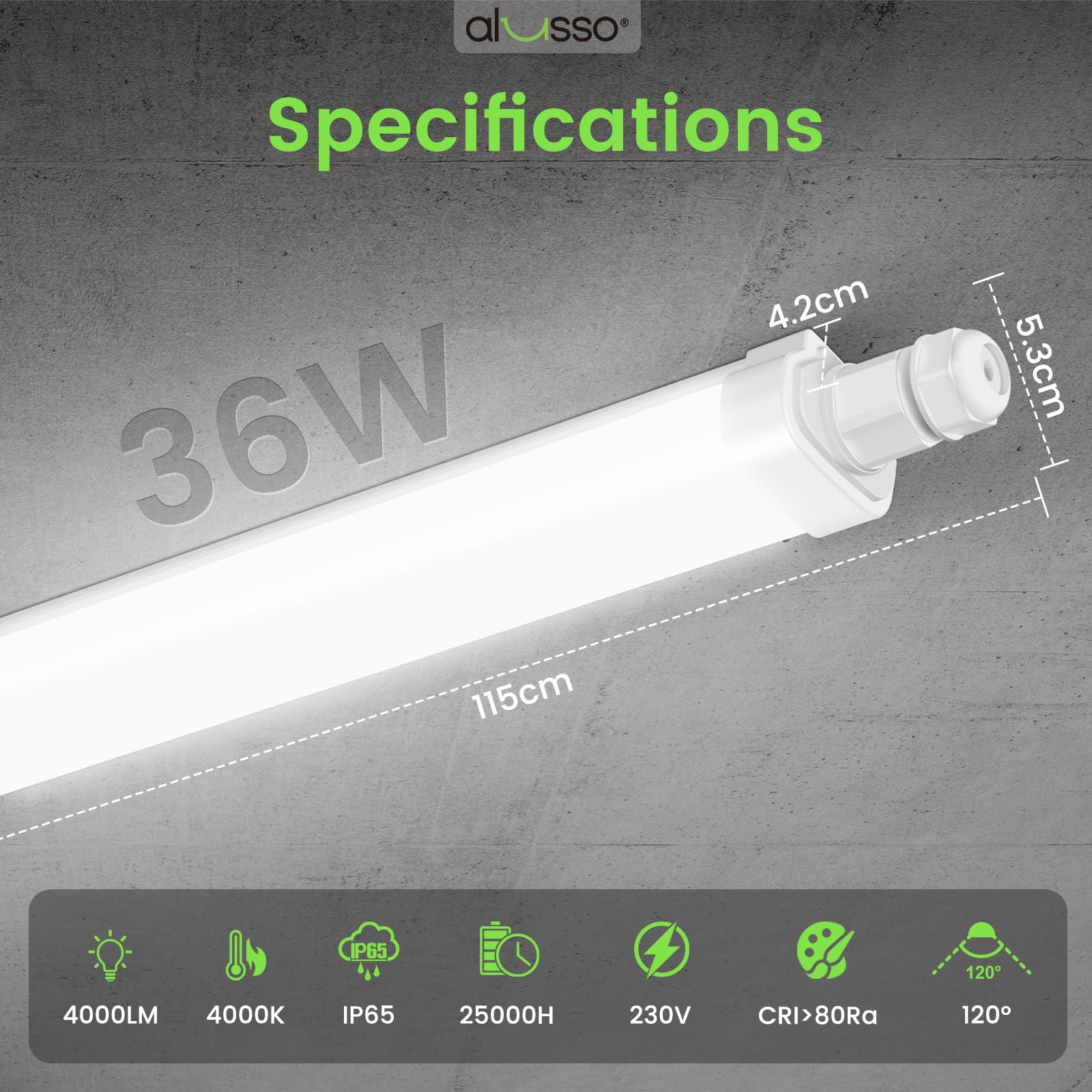 ALUSSO Pack de 2 LED Tubo Integrado 120cm, 36W 4000LM 4000K Luminaria Led