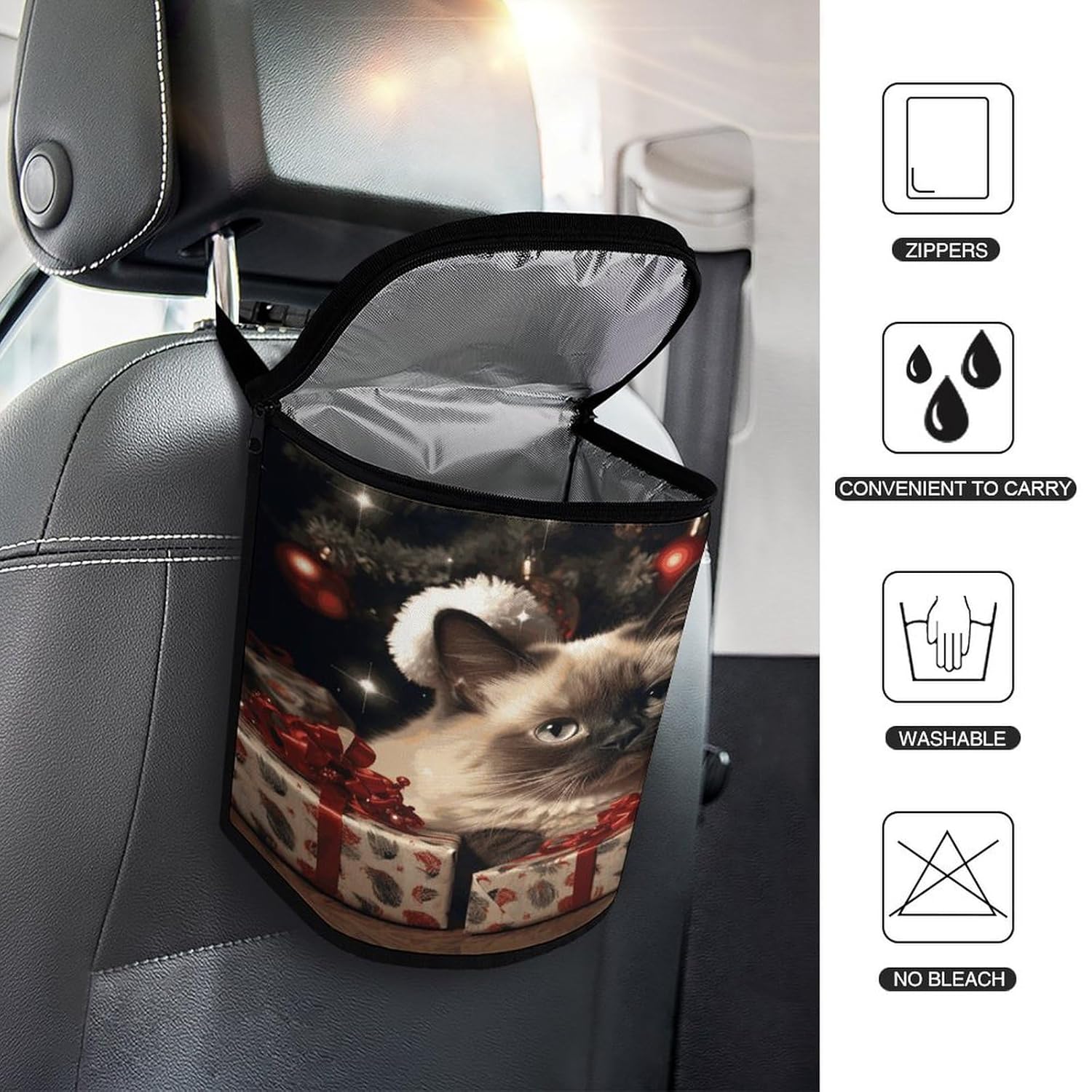 Hanging Car Trash Bag Christmas Siamese Cat Printed Car Garbage Storage Bag Leakproof Car Trash Can Portable Garbage Storage Bags