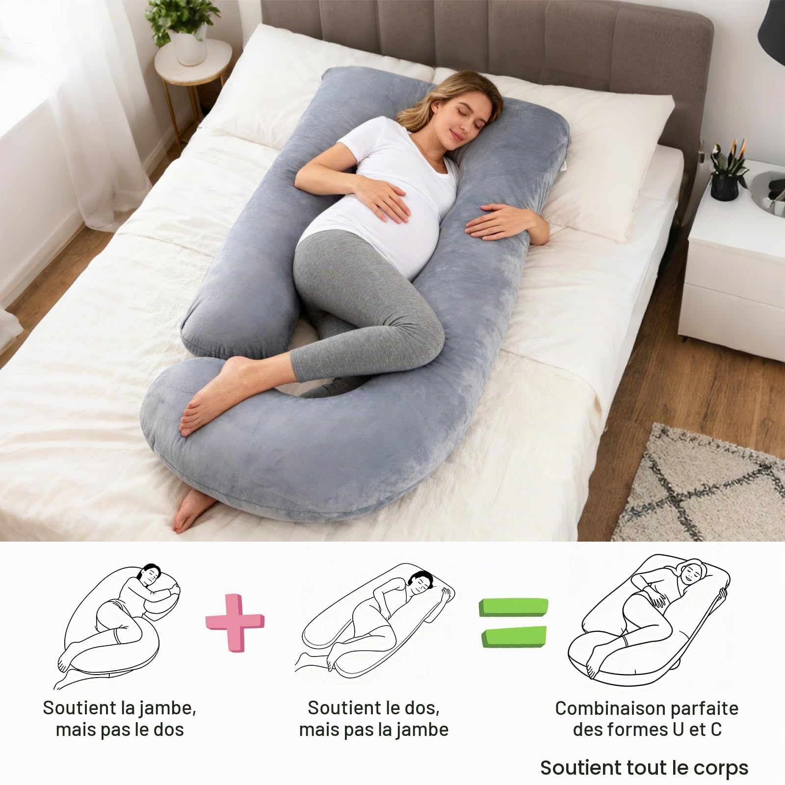 SOARFLY Coussin de Grossesse en Forme de U, Pregnancy Pillow 155cm pour Dormir sur Le Côté Coussin d'allaitement Amovible avec Housse, Soutien Dos, Ventre, Jambes, Gris