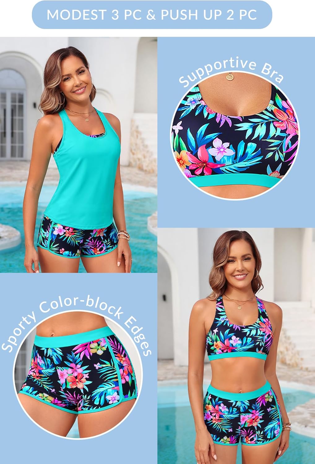 Yonique 3 Piece Athletic Tankini Swimsuits for Women with Shorts Swim Tank Tops with Sports Bra and Boyshorts Bathing Suits