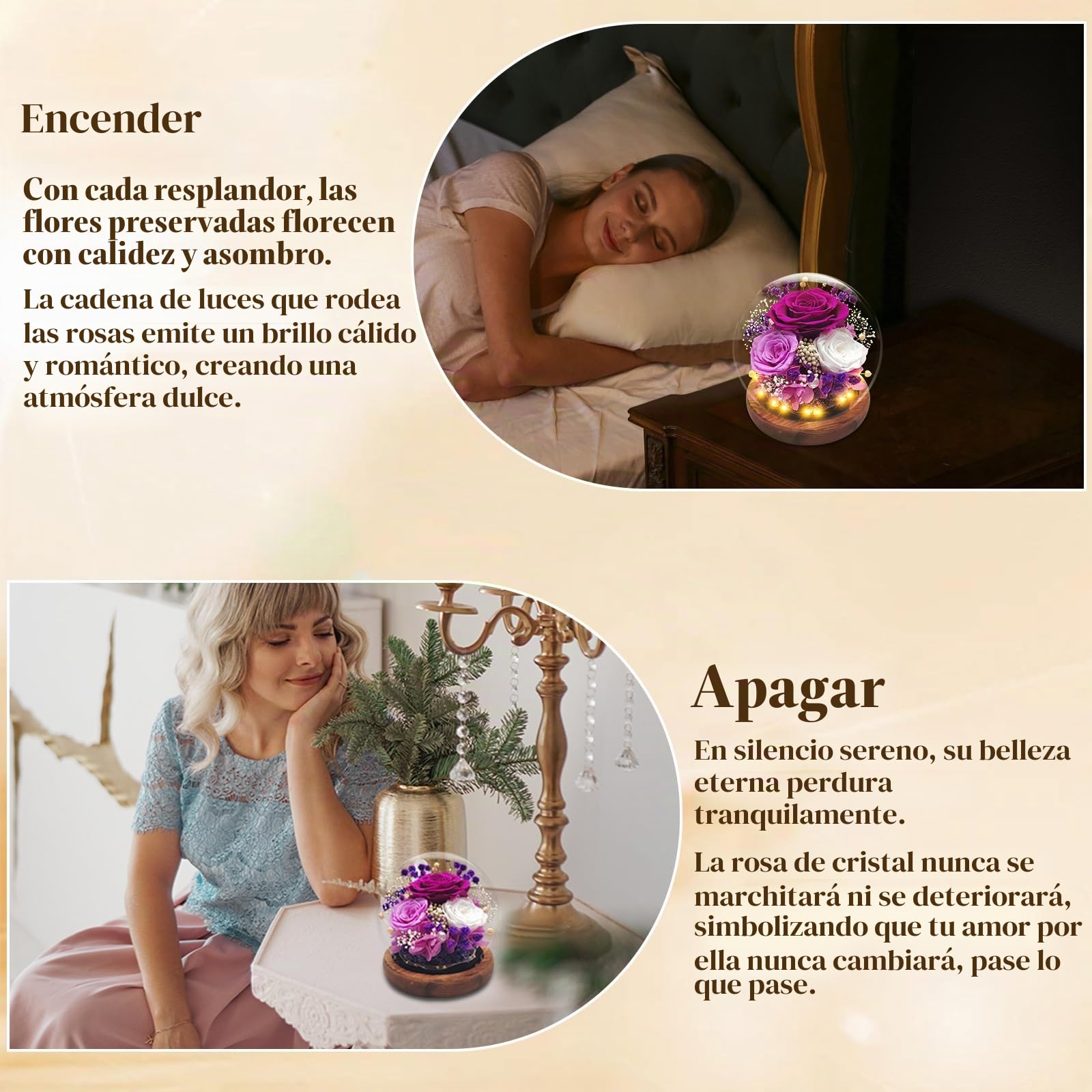 Rosa Eterna Natural Preservada, Rosa eterna en vaso con luz, Rosas Flores preservadas, Púrpura Ramo de Flores Reales en Cúpula de Cristal, Regalos para Mamá Novia Esposa Cumpleaños Navidad Aniversario
