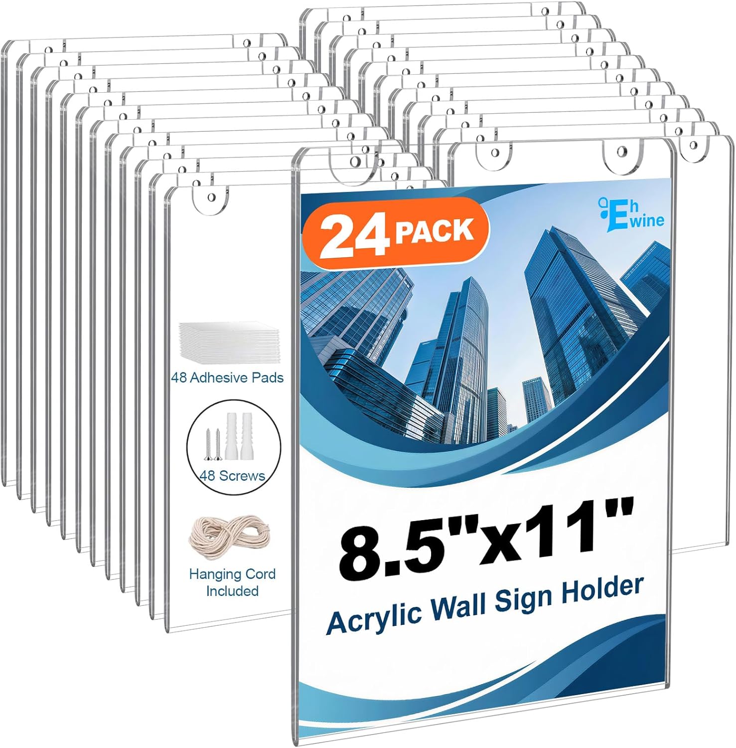 EHWINE 24 Pack 8.5x11 Wall Mount Acrylic Sign Holder, Acrylic Wall Sign Photo Menu Flyer Display Holder, Plastic Clear Picture Adhesive Frames for Office Business Store (Provide Mounting Screws)
