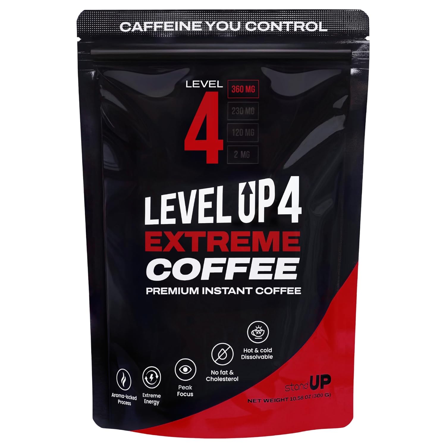 standUP Level UP 4 Extreme Premium Instant Coffee - Intense Smoky Roast, Extra High Caffeine (360mg) with Guarana, Prebiotic Fiber, Vegan, Hot & Cold Dissolvable for Demanding Days, 10.58 oz