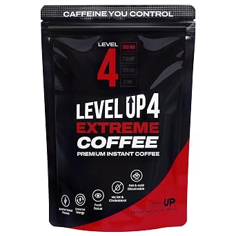 standUP Level UP 4 Extreme Premium Instant Coffee - Intense Smoky Roast, Extra High Caffeine 360mg with Guarana, Prebiotic Fiber, Vegan, Hot & Cold Dissolvable for Demanding Days, 10.58 oz