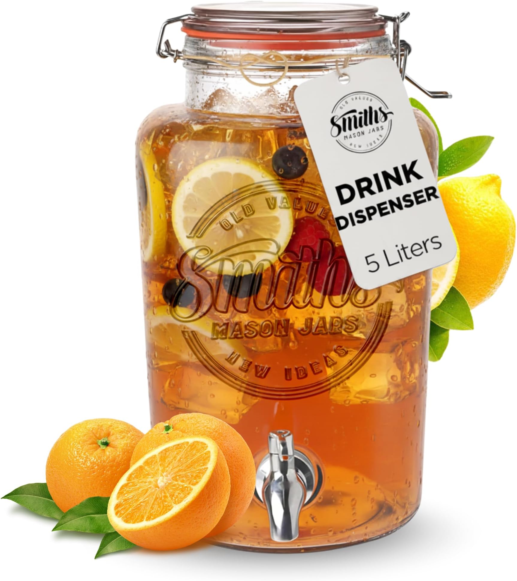 Smith's Mason Jars 5 Liter Glass Drinks Dispenser with Stainless Tap Spigot | Punch Dispenser | Drink Pitcher with Spout | Ideal for Outdoor Picnic BBQ Parties and More (Without Stand)