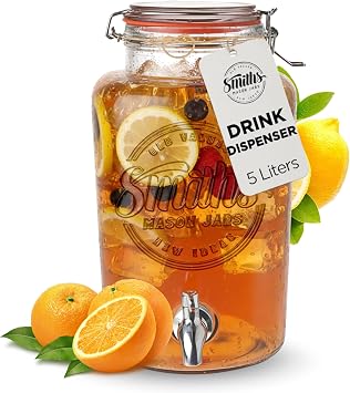 Smith & # 39؛ s Mason Jars 5 Liter موزع مشروبات زجاجية مع حنفية من الفولاذ المقاوم للصدأ | موزع لكمة | مرارة مشروب مع صنبور | مثالية لحفلات الشواء في الهواء الطلق والمزيد بدون حامل