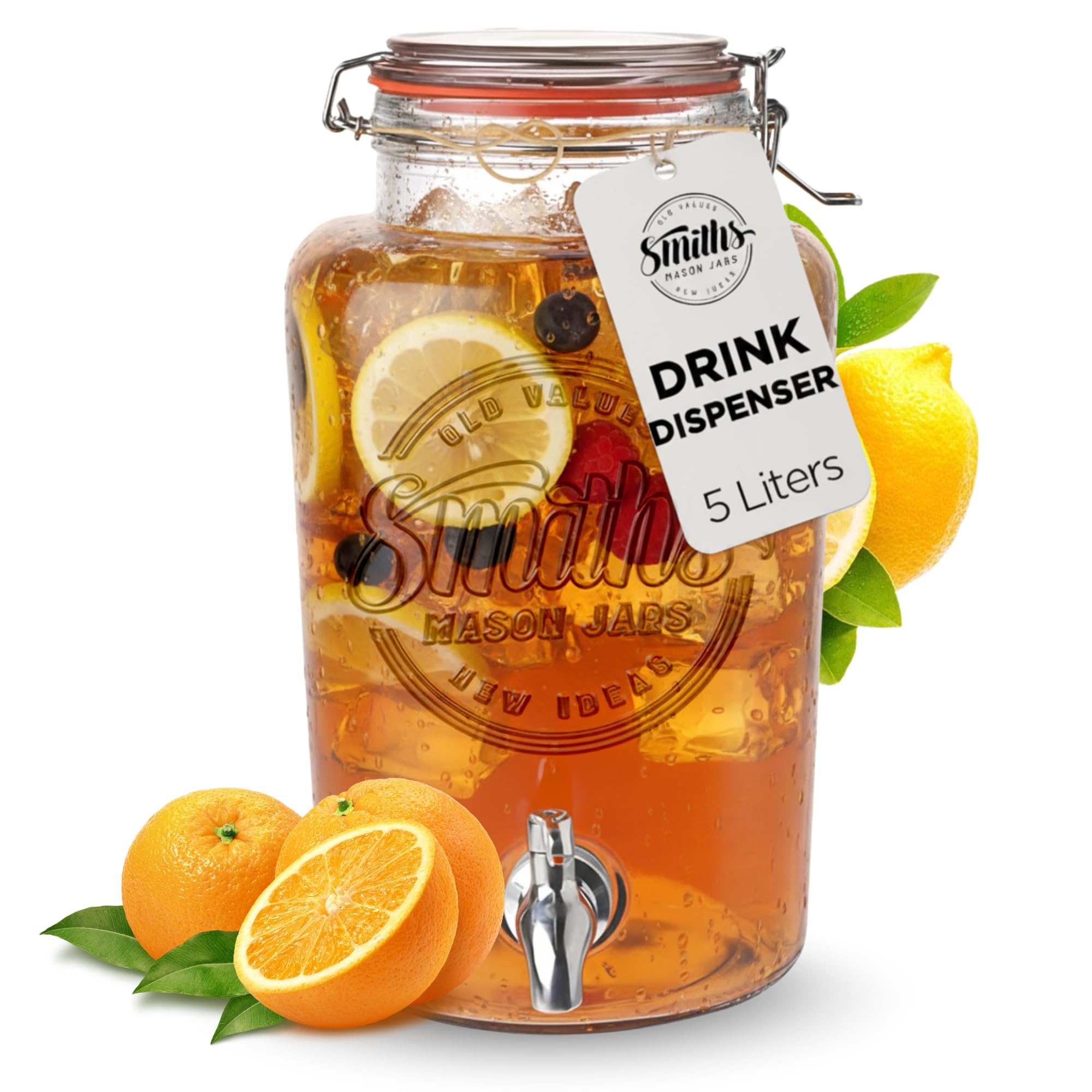– Smith's Mason Jars 5 Liter Glass Drinks Dispenser with Stainless Tap Spigot | Punch Dispenser | Drink Pitcher with Spout | Ideal for Outdoor Picnic BBQ Parties and More (Without Stand)