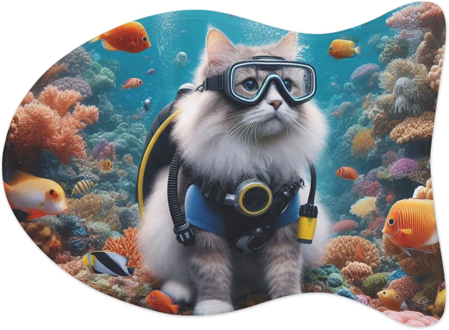 Realistic Scuba Diving Cat Pet Feeding Mat - Vibrant Colors & Memory Foam Comfort