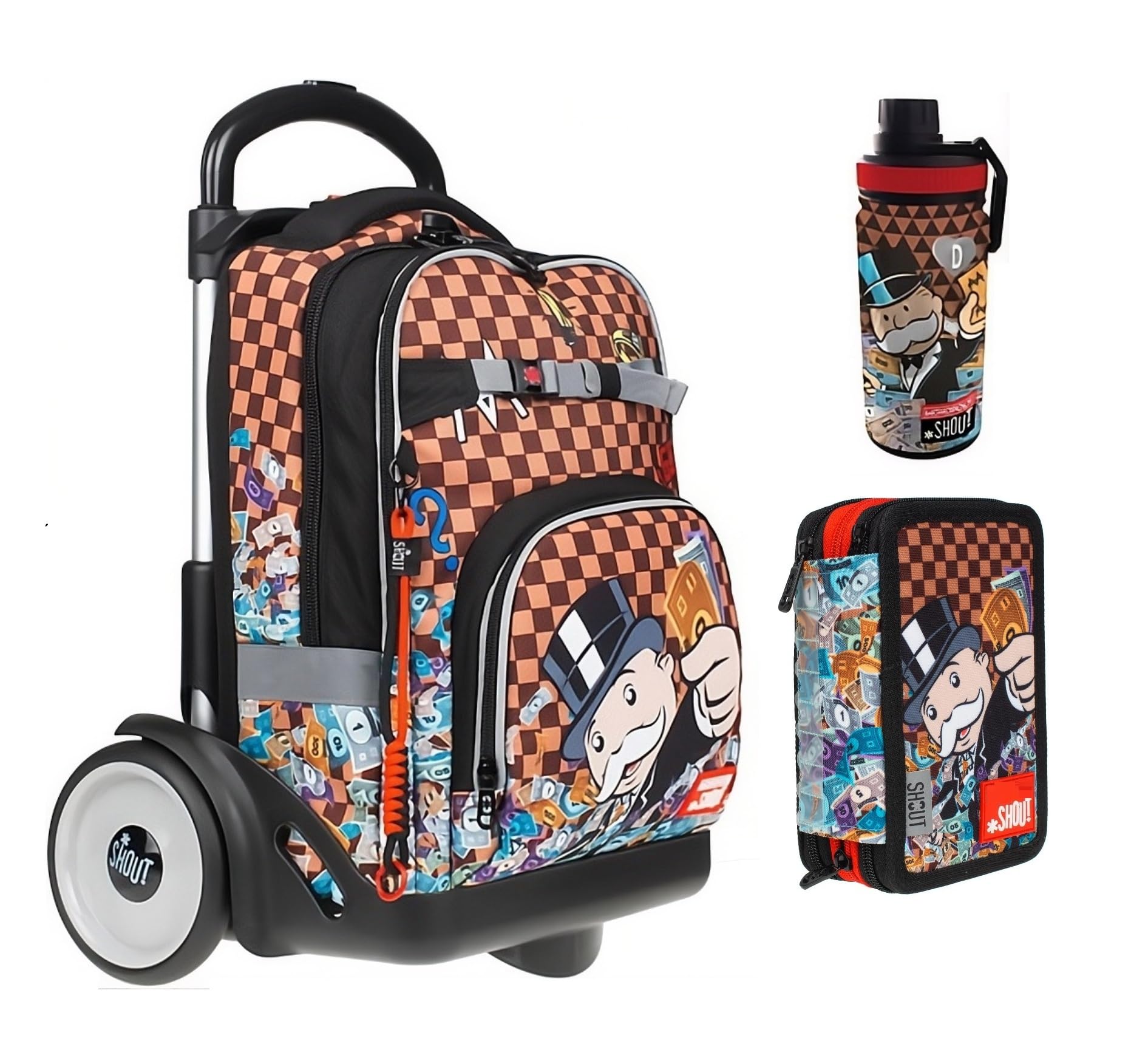 PRESTIGE & DELUXE Rucksack Trolley abnehmbar kompatibel mit Shout Monopoly mit Trinkflasche und Clip-On gratis + Federmäppchen 3 Ebenen komplett mit Schreibwaren + Stiftset und Schlüsselanhänger