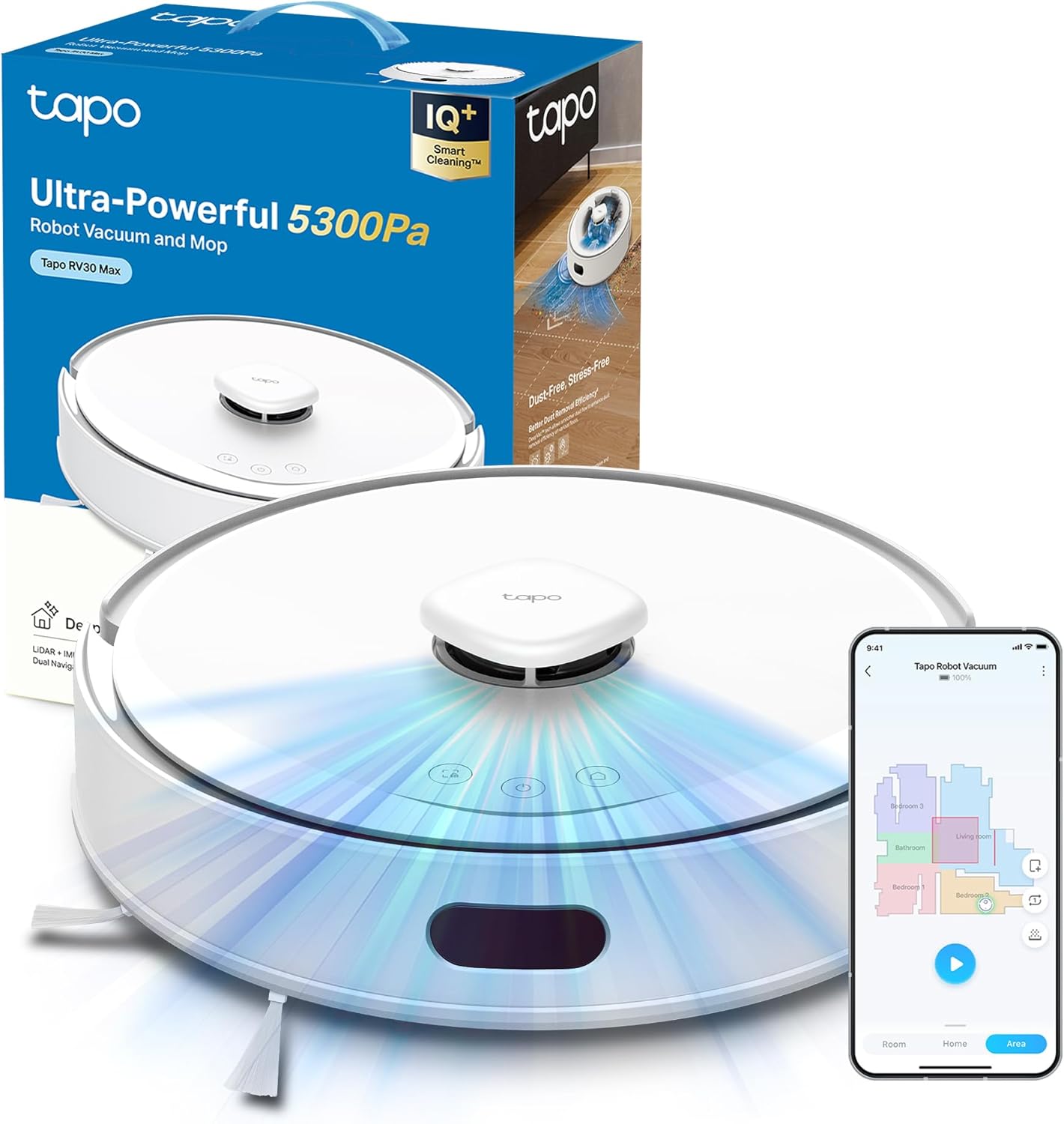 Tapo RV30 Max White Robot Aspirapolvere Lavapavimenti con Mappatura 5300Pa, Doppia Navigazione LiDAR+IMU, Zone No-Go e Muri Virtuali, Controllo APP&Alexa&Google, Arrampicarsi fino a 22mm