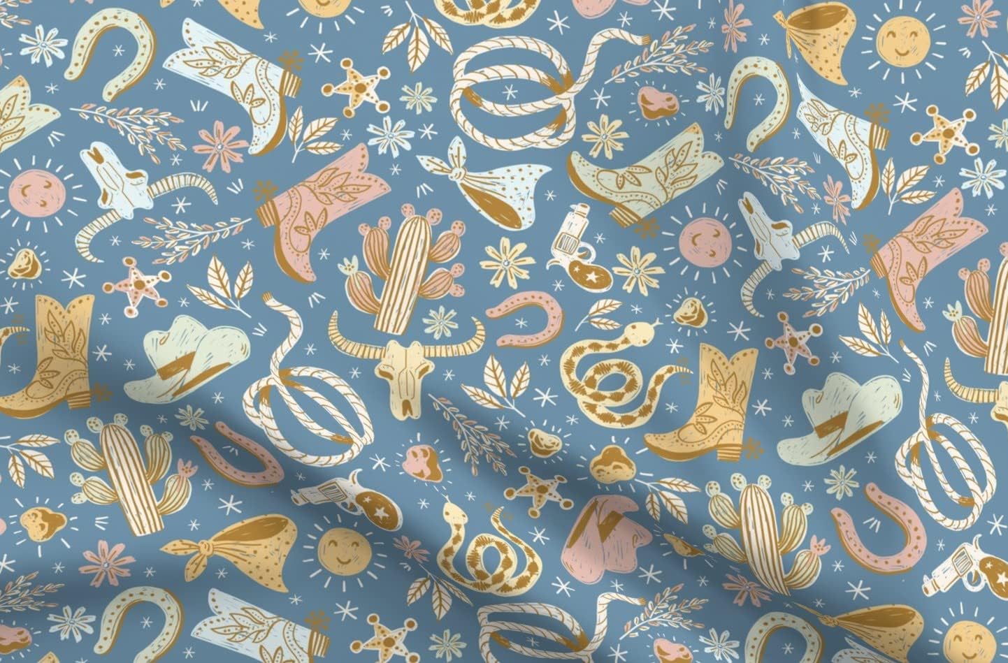 Spoonflower Fabric - Blue Cowboy Pastel Rustic Country Western Style Down Home Cowgirl Printed on Organic Cotton Sateen Fabric by The Yard - Sewing Quilting Apparel Home Decor