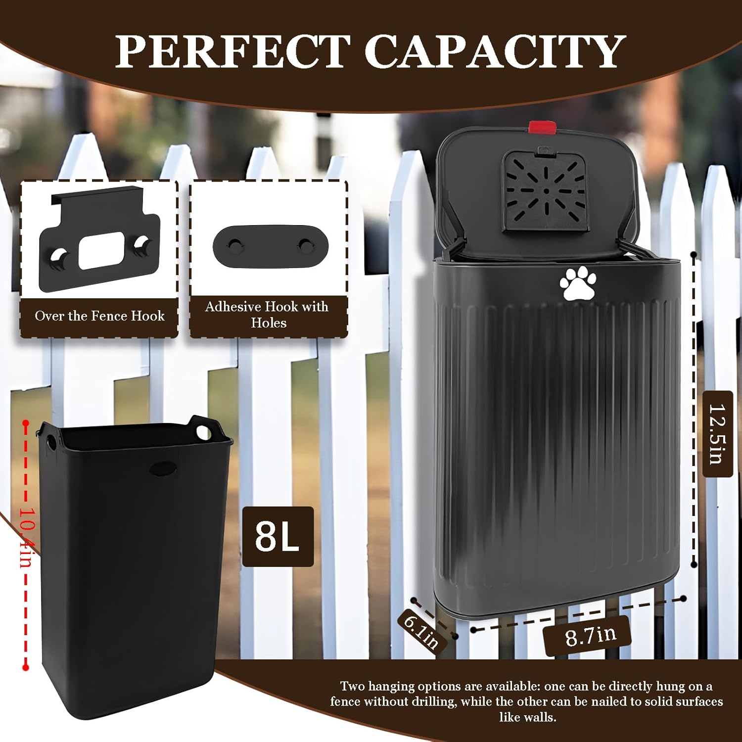 Dog Waste Trash Can Wall Mounted, 2.1Gal Small Outdoor Trash Can with Lid, Hanging on Fence, Dog Poop Bucket with 40 Bags, Inner Waste Bin, Black