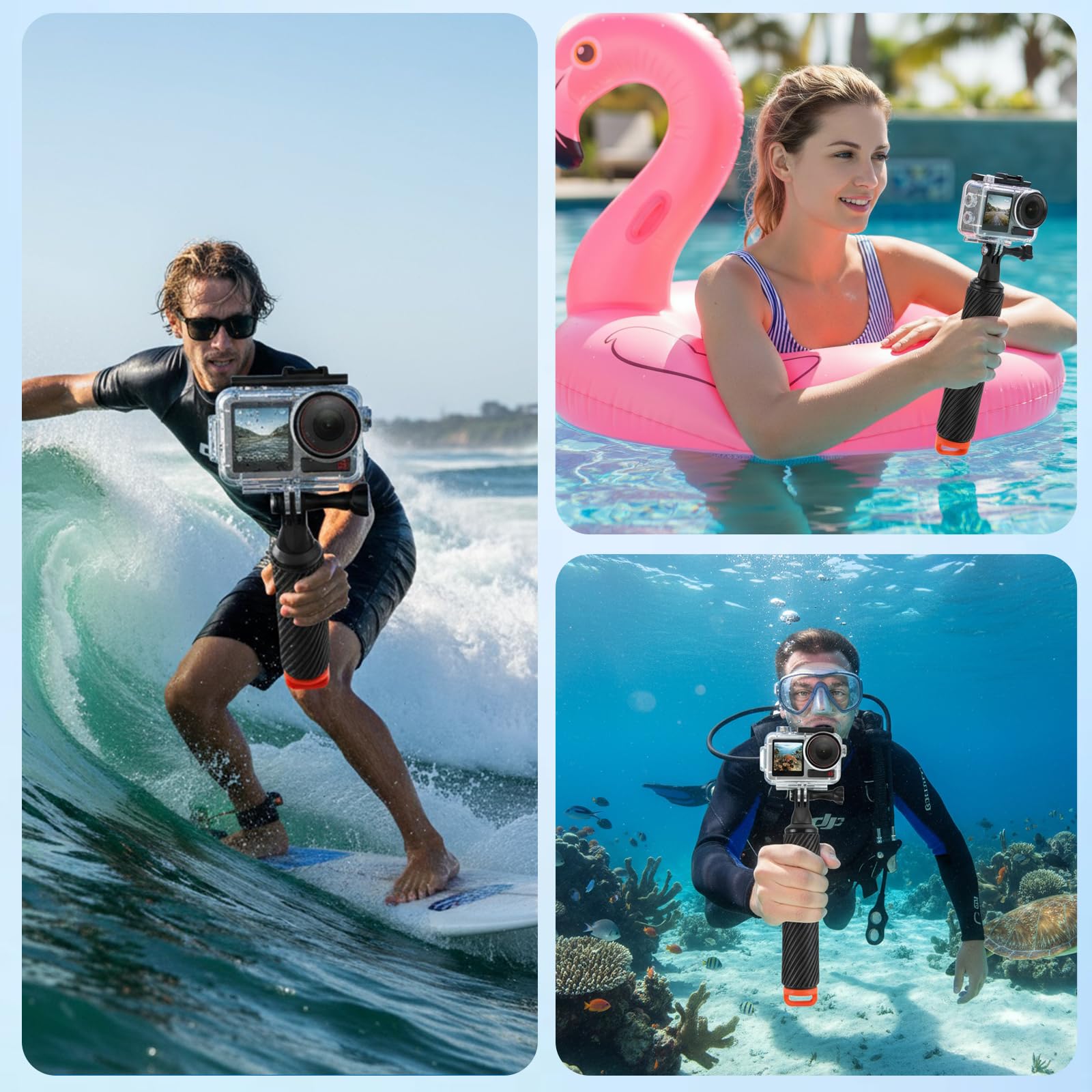 Carcasa impermeable sumergible de 60 m / 196 pies con 3 filtros y juego de mango flotante, compatible con DJI Osmo Action 5 Pro/Action 4, carcasa protectora de buceo monopod mango flotante