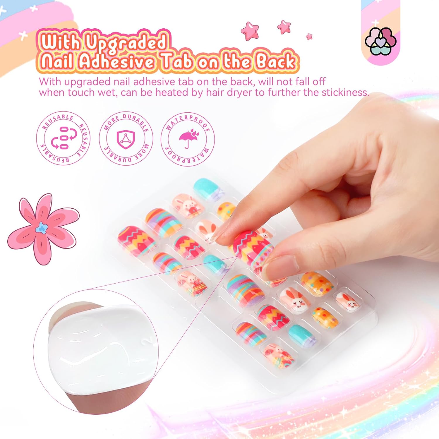 SAVILAND Press on Nails for Kids 7-day Styling: 168PCS Kids Press on Nails for Girls Colorful Patterns Full Cover Short Square Fake Nails False Nail Art Set Christmas Easter Gifts 8-12 Years Child