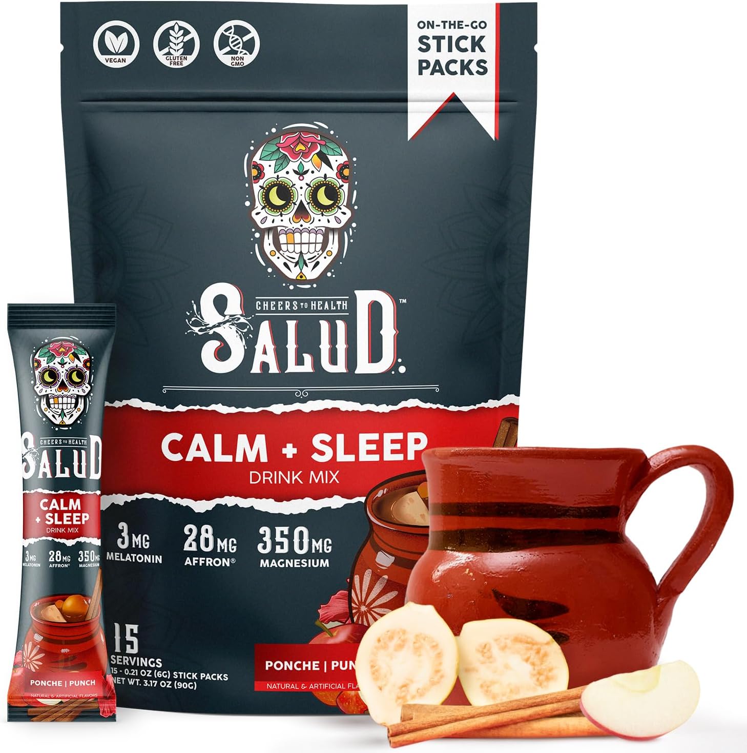 Salud 2-in-1 Sleep Aid + Calm Drink Mix, Punch Ponche Flavor, Melatonin, Magnesium, Saffron Extract, L-Theanine, Non-GMO, Gluten Free, Vegan, Low Calorie, 1g of Sugar (15 Servings)