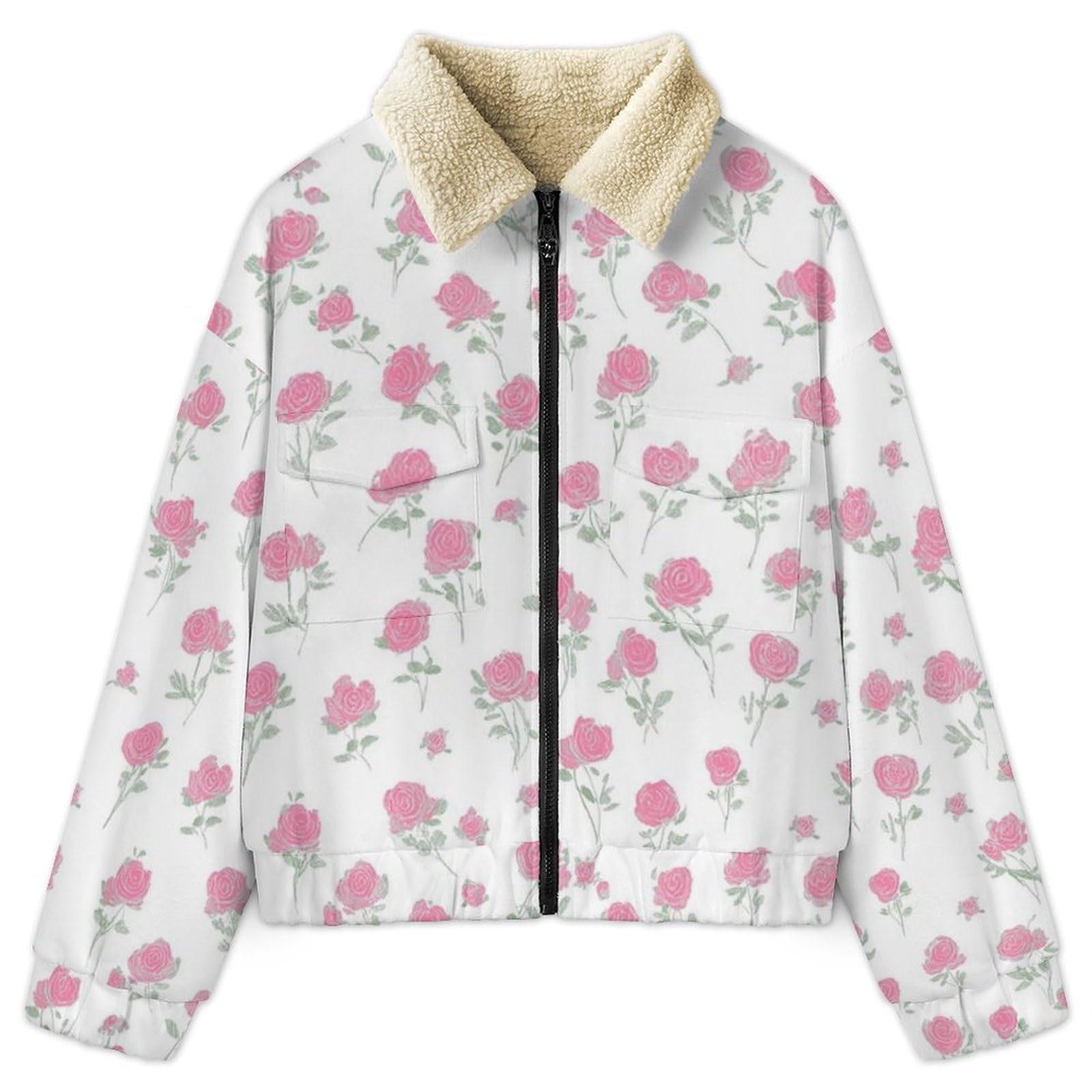 Donna Pile Stampa Illustrazione retrò Caldo con Cerniera, Giacca da Camera Invernale Corta Pile Giacche, Piccola Rosa Cappotto In Peluche Sherpa Giubbotto Fleece Comoda