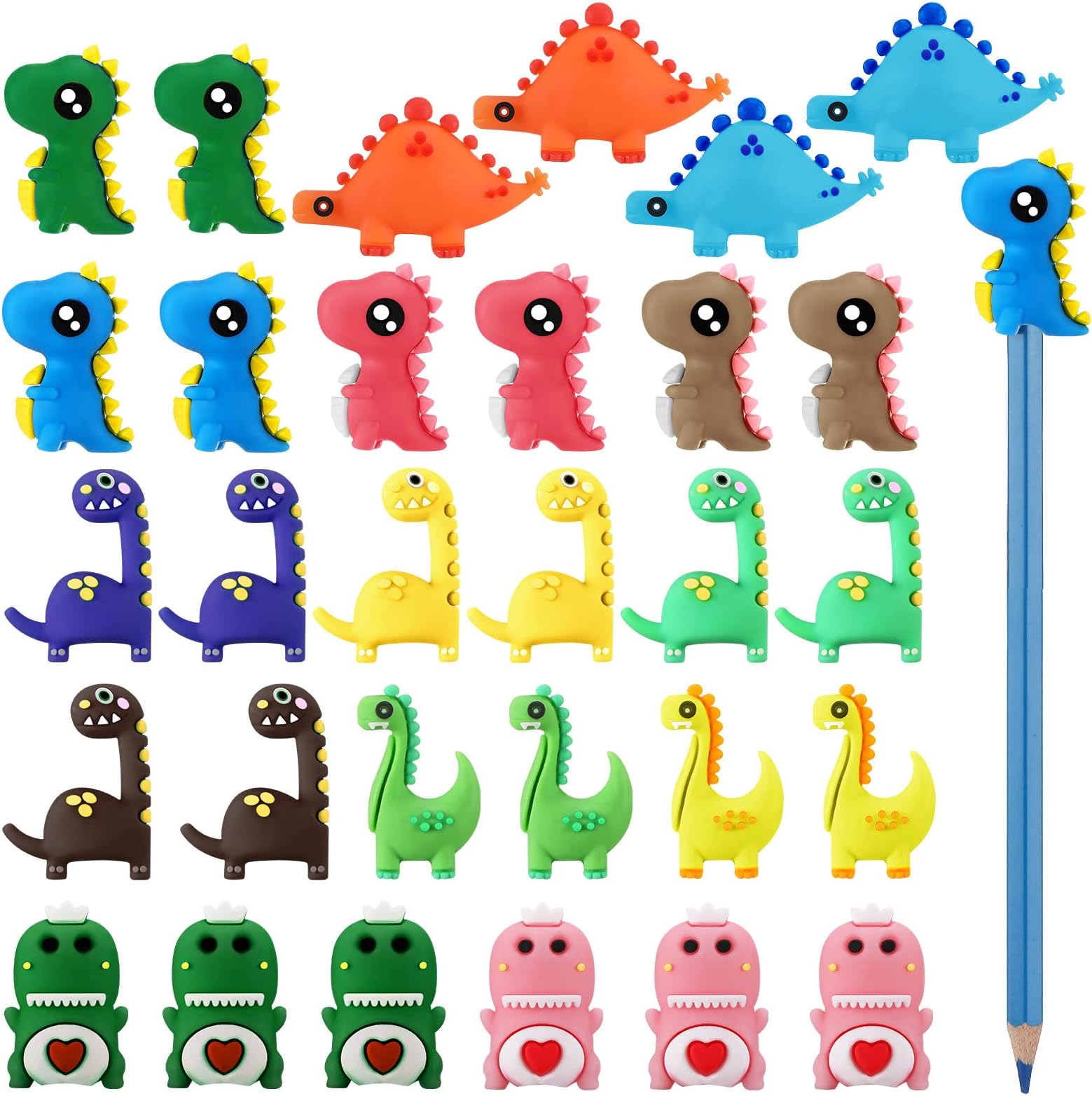 Marspark 30 Pieces Animal Pencil Toppers Dinosaur Style (Dinosaur, Silicone, Pencil Toppers, Office, Kids, Back to School, Party Favors)