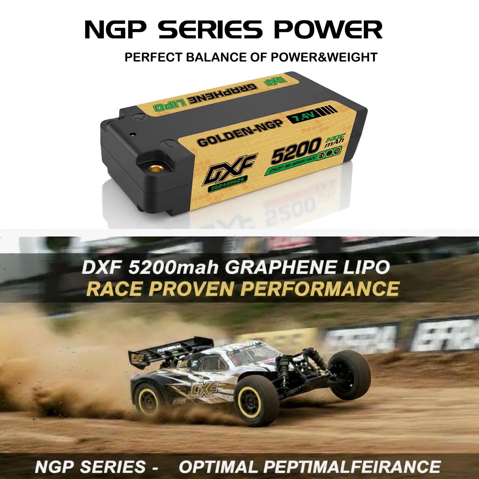 Batteria LiPo DXF 2S 7,4 V 120 C 5200 mAh Custodia rigida corta con connettore a sfera da 5,0 mm a T Deans per auto RC, camion RC, aeroplano, elicottero, barca, buggy, ala (2 confezioni)