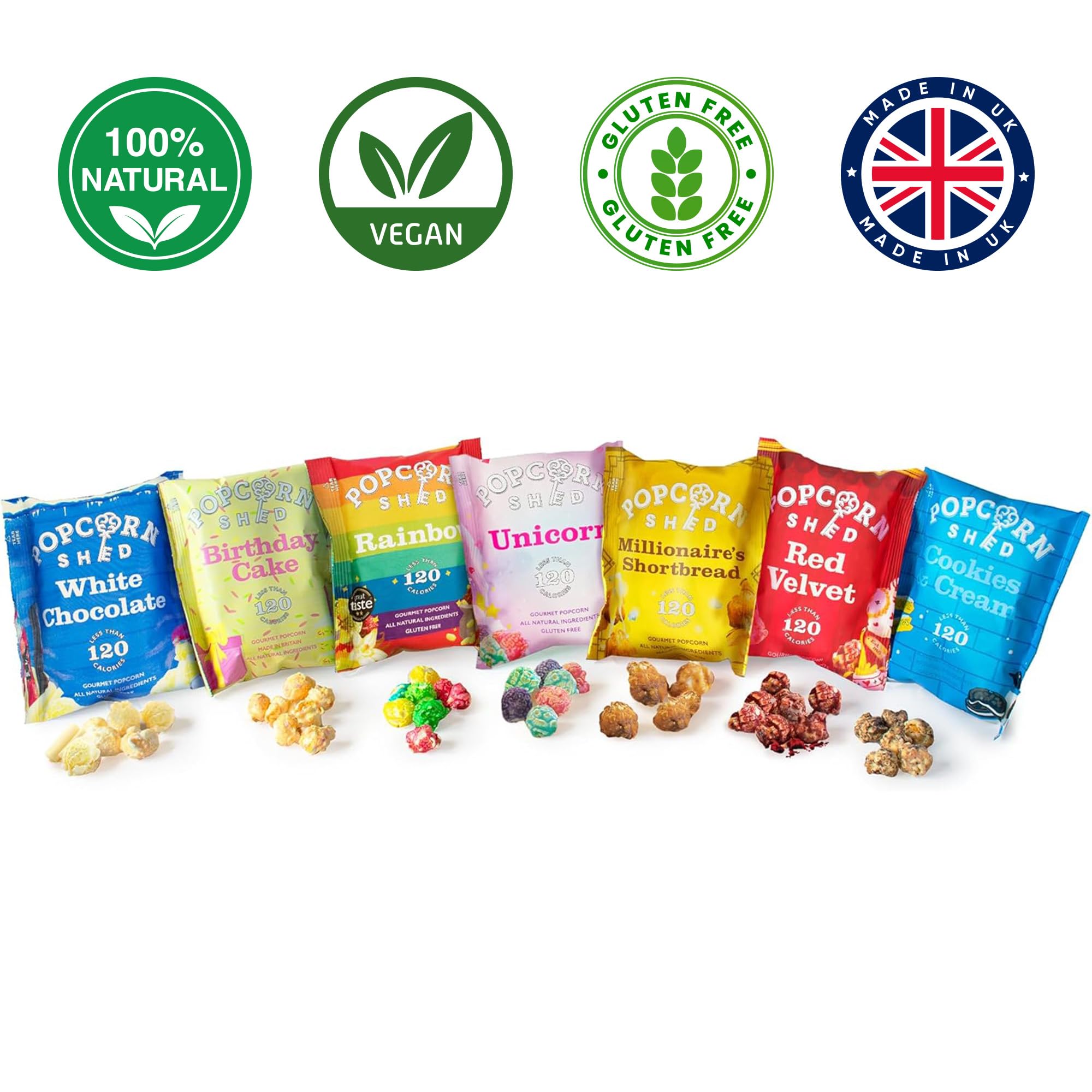 Popcorn Shed – 7 Sabores Exclusivos de Palomitas de Maíz, Premium Snacks Naturales, El regalo delicioso de palomitas de maíz, Perfecto para Noches de Cine (7 bolsas)