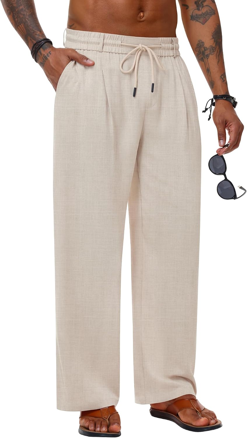 SWOMOG Men's Cotton Linen Pants Elastic Drawstring Waist Casual Summer Beach Pants Lightweight Trousers with Pockets