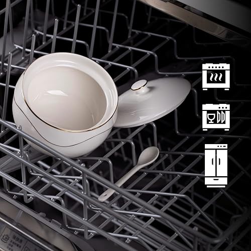 Miniatura 5 de KITCHENDAO Azucarero de porcelana con tapa y cuchara, sin polvo, recipiente de cerámica para encimera, cocina, café, lavavajillas, horno y