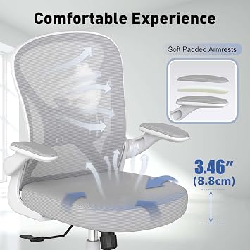 Ergonomic Mesh Office Chair with Adjustable Lumbar Support ＆ Flip-up Arms, Breathable Computer Home Desk Chair with 360 & Height Adjustment, Grey