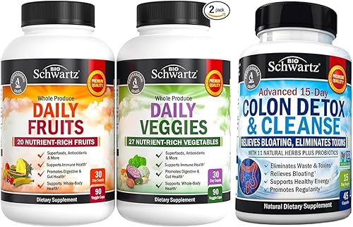 Suplemento diario de frutas y verduras para mujeres y hombres (suministro de 1 mes) más limpieza de 15 días para la salud del colon y el intestino
