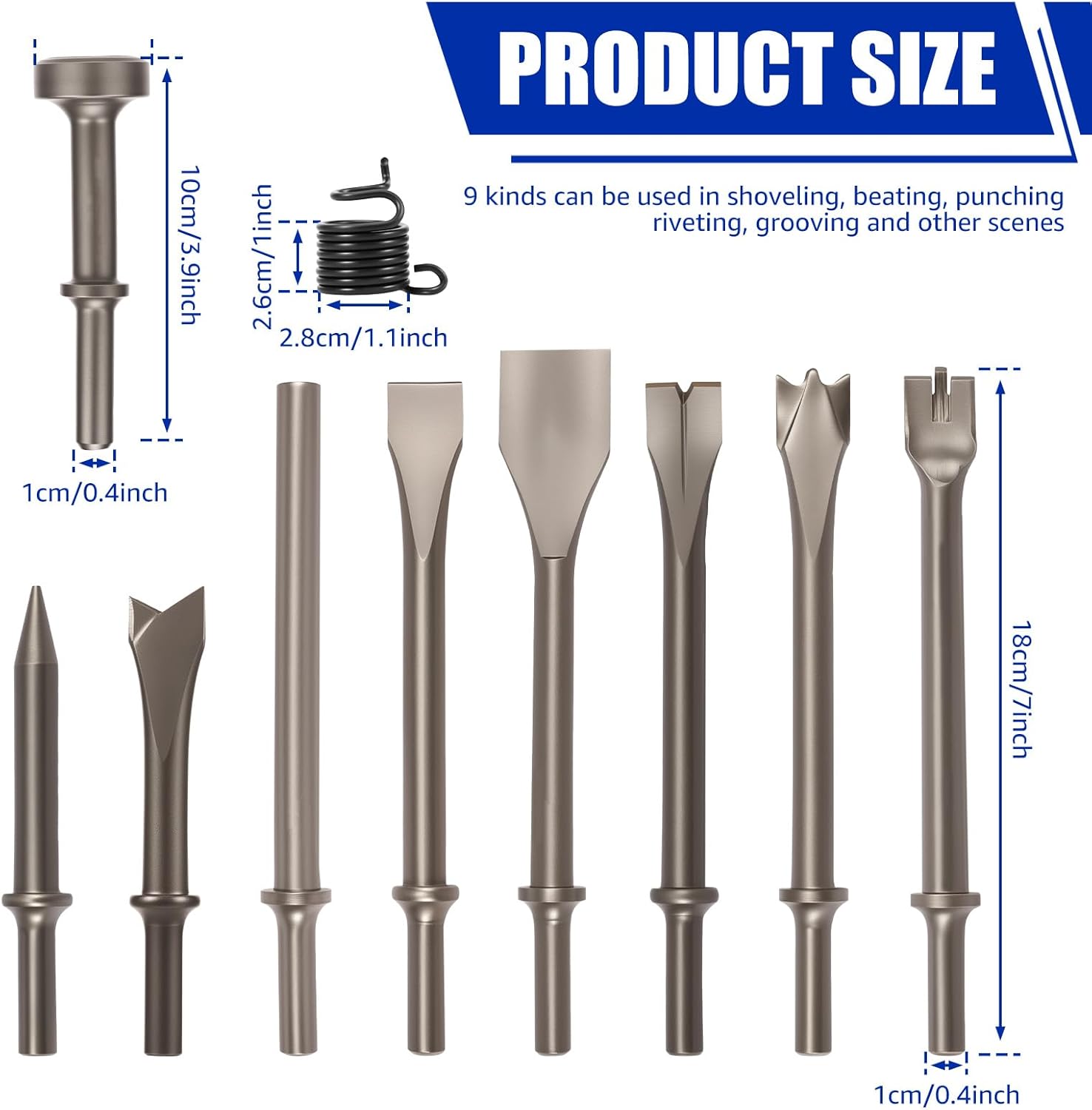 10 Pcs Air Hammer Pneumatic Chisels Tools, 0.401'' (10mm) High Carbon Steel Pneumatic Air Hammer Chisels with Spring, Smoothing Air Hammer Rivet Bit Set for Masonry Concrete Demolition