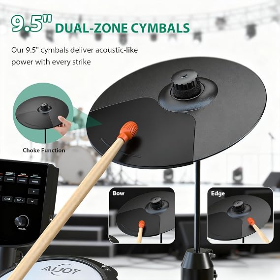 AiJoy Electric Drum Set for Beginners - 4 Quiet Mesh Pads, Dual Zone Snare, 15 Drum Kits & 200+ Sounds, 9.5