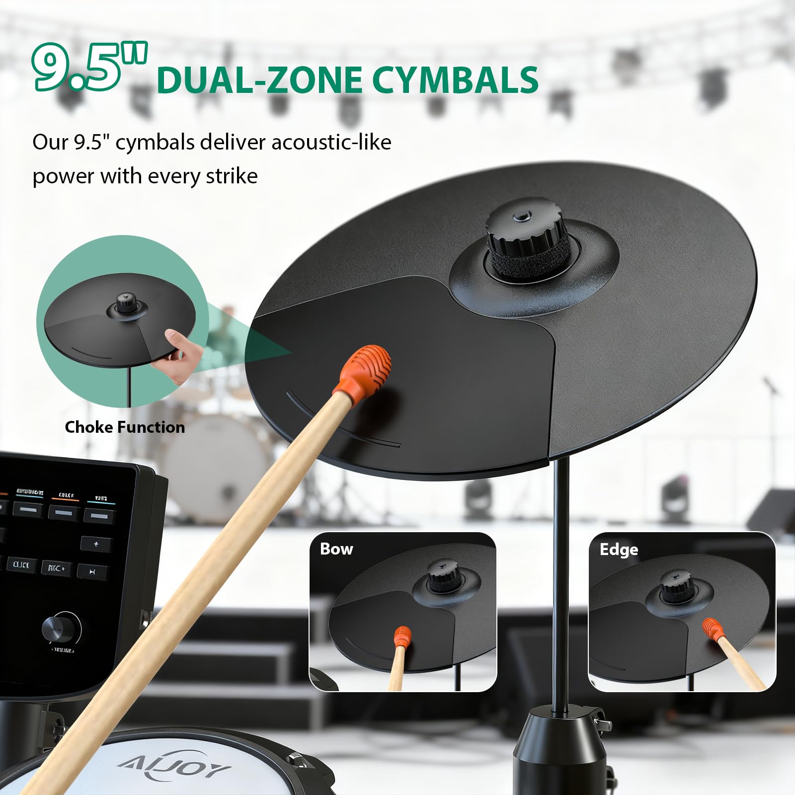 AiJoy Elektrisches Schlagzeug-Set für Anfänger – 4 leise Mesh-Pads, Dual Zone Snare, 15 Schlagzeug-Kits & 200+ Sounds, 9,5-Zoll-Becken, inklusive Thron, Sticks & Kopfhörer, perfektes Kit zum Üben