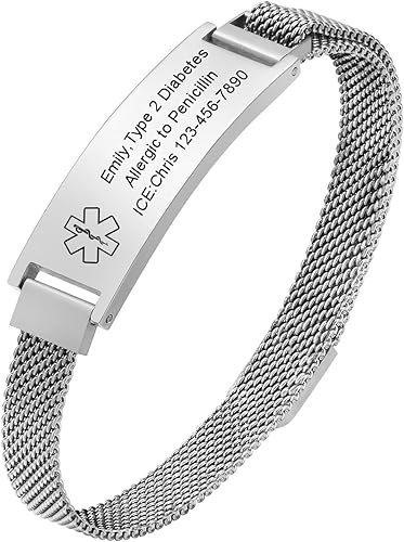 VNOX Pulsera de identificación de alerta médica para hombres, mujeres y niños, pulsera magnética grabada de acero inoxidable, pulsera de emergencia,