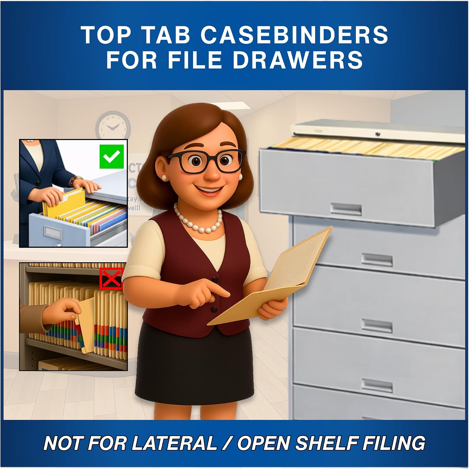 Manila Casebinder Legal File Folders, Doctor Stuff, Top Tab, Legal Size with Fully Reinforced Back, 2” Embedded Fastener on Endwing, and 1/2 Cut Assorted Top Tabs, 14 pt Stock, Box of 50