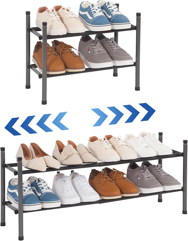 Expandable Shoe Rack for Closet, 8 Pairs Stackable Small Shoe Rack, Metal Adjustable Shoes Organizer for Entryway, Hallway, Garage, Front Door, Shoes Shelves, Black 2 Tier