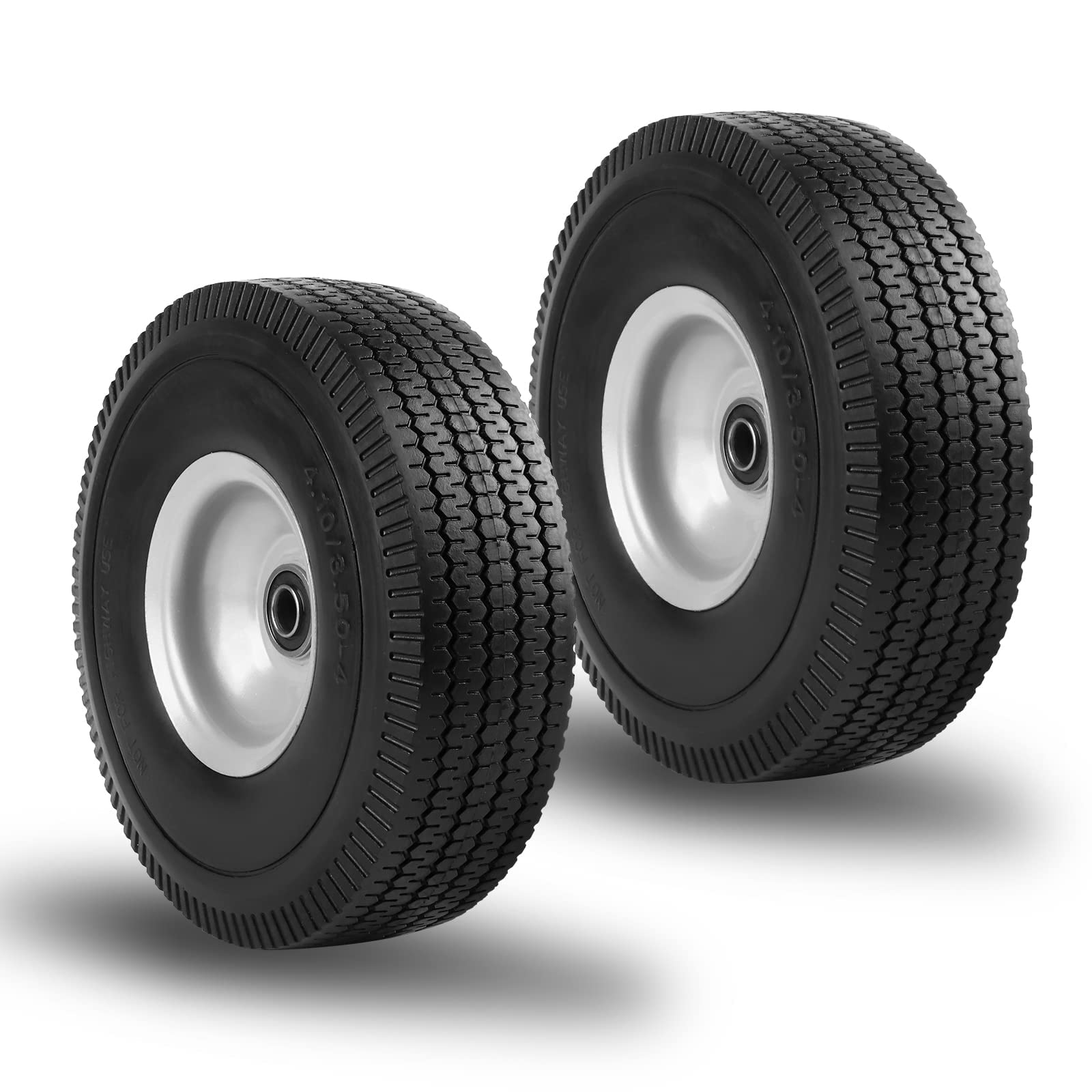 Eazy2hD 10” Flat Heavy Duty Rubber Wheels 2-Pack Tires 4.10/3.50-4 Solid PU Run-Flat Free Tubeless Tire for 5/8” Bearing Centered Offset Hub, Double-Sealed Ball Bearings Utility Equipment