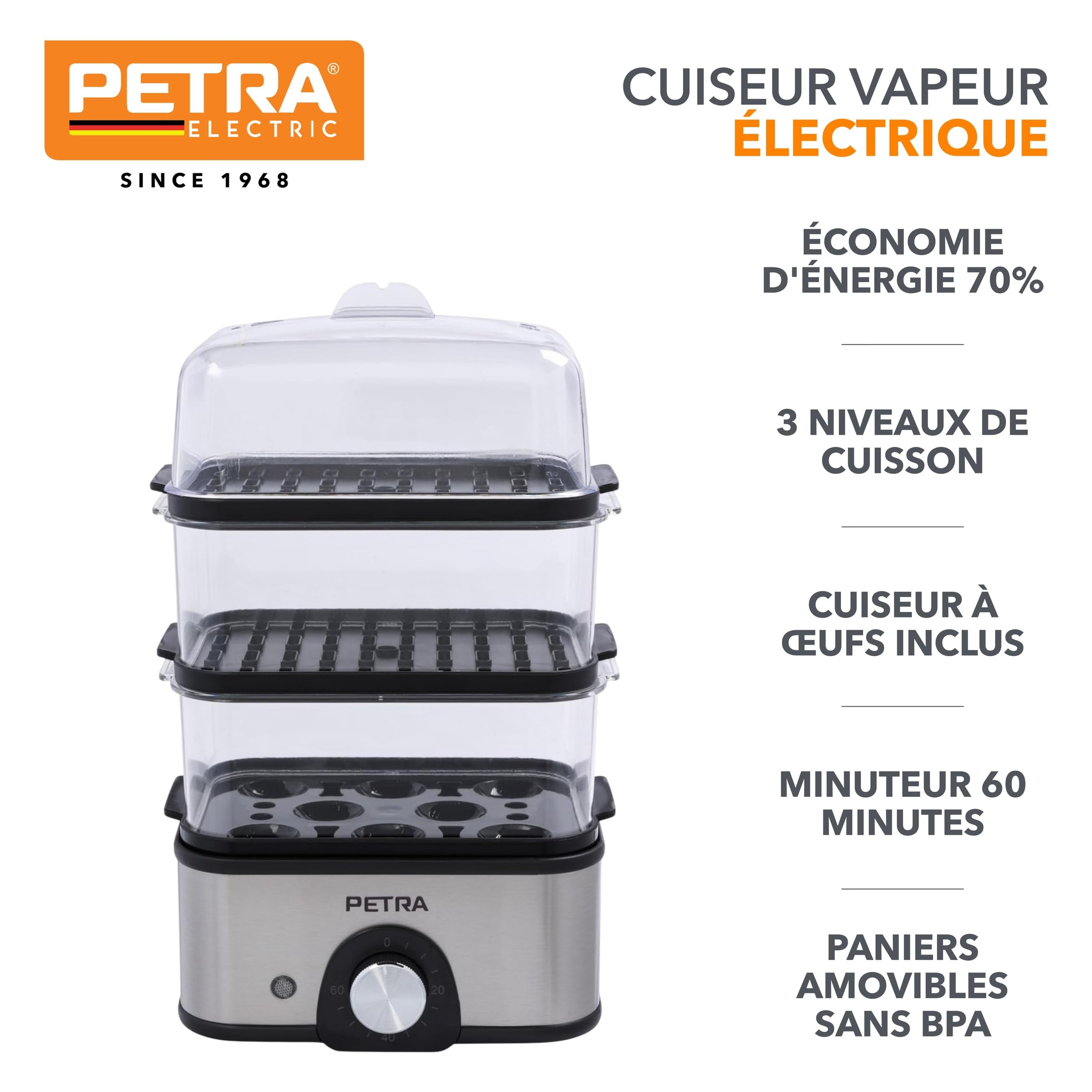 Petra Cuiseur Vapeur Électrique 3L 500W, Cuit Vapeur 3 Niveaux, Panier sans BPA, Minuteur 60min