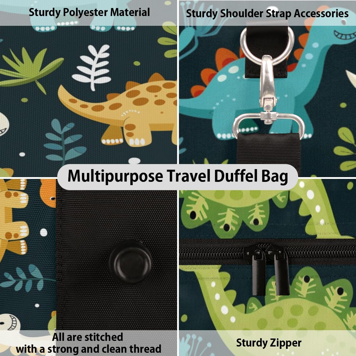 Cartoon Dinosaur Leaf Travel Duffel Bag for Women Men Large Capacity Overnight Weekender Bags for Lightweight Waterproof Sport Gym Bag for Workout Yoga Swim