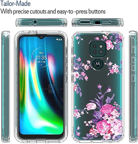 Miniatura 5 de Funda para Moto G9 Play, XT2083-1 Funda con protector de pantalla de vidrio templado, cuerpo completo transparente floral TPU Slim Funda protectora