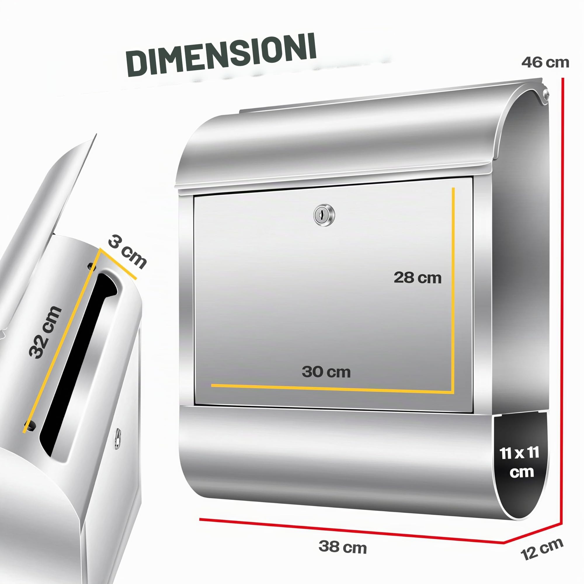 KESSER® Cassetta della Posta XXL in acciaio inox spazzolato con Scomparto per Giornali, 3x Chiudibile a chiave, Verniciata a polvere, Montaggio a parete, Ampia fessura frontale, Argento