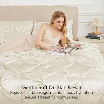 BEDELITE Satin Comforter Set Queen Size, 7 Pieces Pintuck Bed in A Bag with Comforter, Flat Sheet, Fitted Sheet, Pillowcases, Shams, Soft Similar to Silk Bed Set for All Seasons (Ivory White)