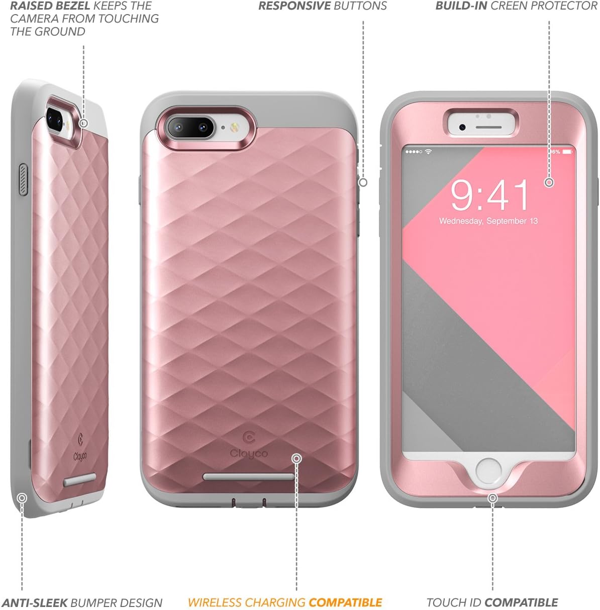 Clayco iPhone 8 Plus Case, iPhone 7 Plus Case, Hera Series Full-Body Rugged Case with Built-in Screen Protector Compatible with Apple iPhone 7 Plus 2016/ iPhone 8 Plus 2017 (Rosegold)
