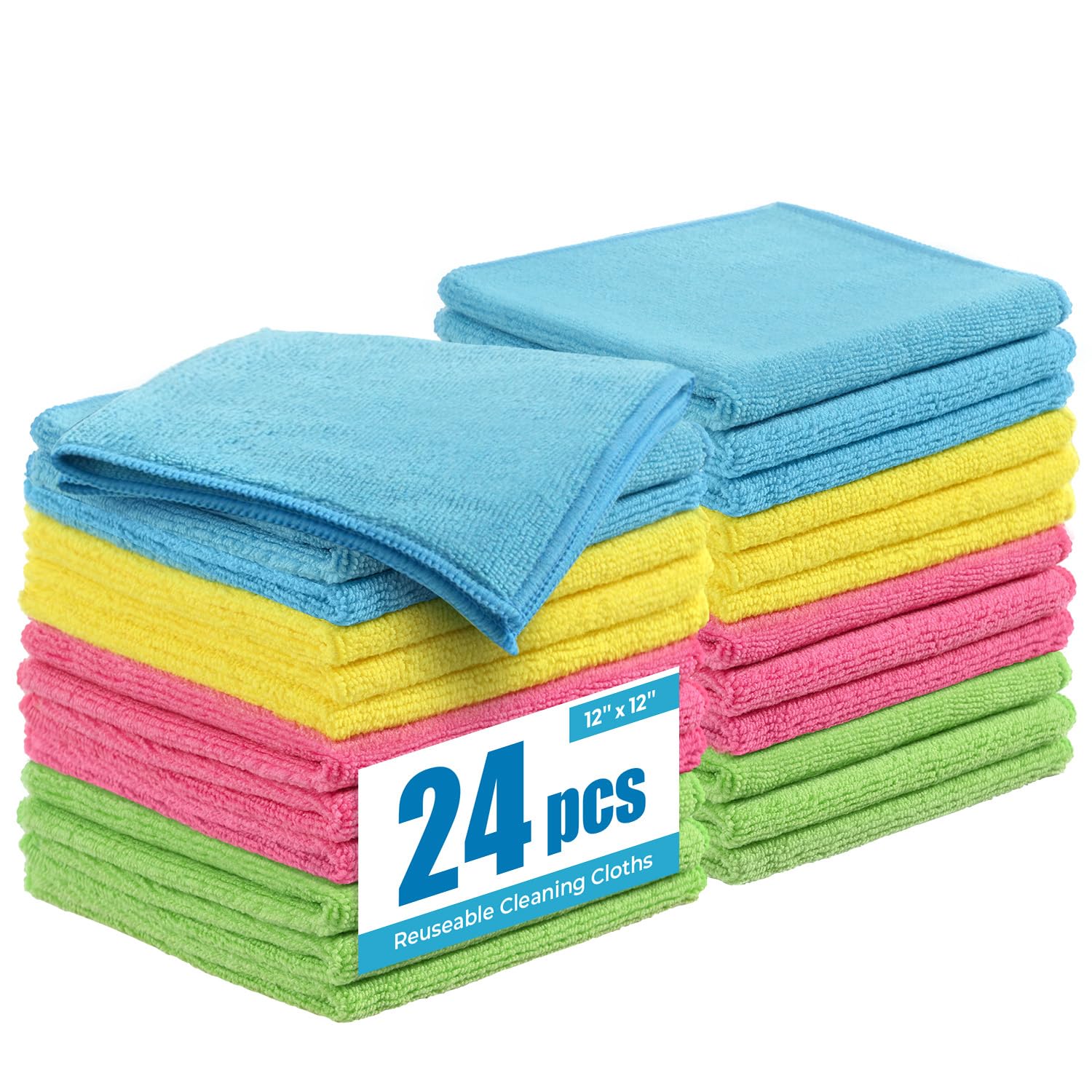 Paquete de 24 paños de limpieza de microfibra de 12 x 12 pulgadas, toallas de cocina extragruesas, sin rayas, sin pelusas, absorción rápida, trapos reutilizables multiusos para automóviles
